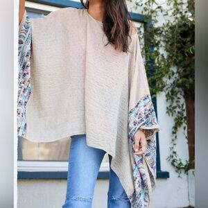 Raj Beige Poncho with Multicolor Paisley Trim Accents